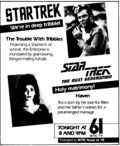 STAR TREK- Trouble With Tribbles/Haven Television guide ad.
May 17, 1989.