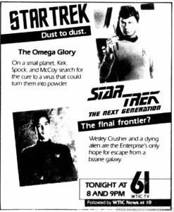 STAR TREK- The Omega Glory/Where No One Has Gone Before television guide ad.
May 18, 1989.