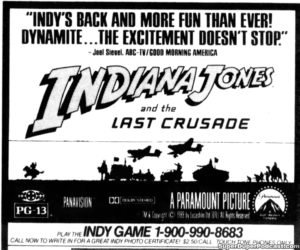 INDIANA JONES AND THE LAST CRUSADE- Newspaper ad.
June 9, 1989.