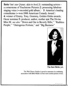 BETTE MIDLER- Newspaper ad.
July 31, 1988.