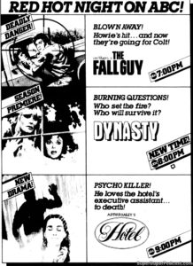 THE FALLGUY/DYNASTY/HOTEL- Television guide ad.
September 28, 1983.