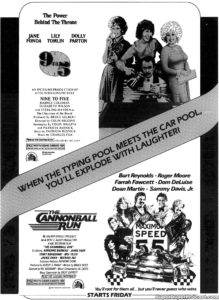 9 TO 5/THE CANNONBALL RUN- Newspaper ad.
September 18, 1981.