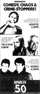TJ HOOKER/THE A TEAM- Television guide ad.
September 29, 1987.