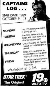 STAR TREK THE ORIGINAL SERIES- Television guide ad.
October 9, 1989.