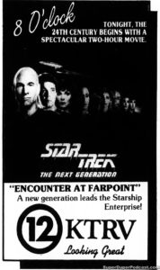 STAR TREK THE NEXT GENERATION- Season 1, episode 01 02, Encounter At Farpoint. Television guide ad.
October 3, 1987.