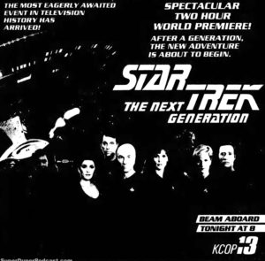 STAR TREK THE NEXT GENERATION- Season 1 Encounter At Farpoint. Television guide ad.
September 30, 1987.