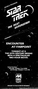 STAR TREK THE NEXT GENERATION- Season 1 Encounter At Farpoint. Television guide ad.
September 30, 1987.