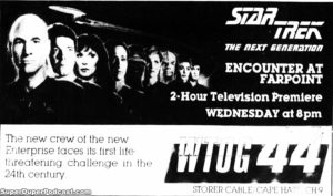 STAR TREK THE NEXT GENERATION- Season 1 Encounter At Farpoint. Television guide ad.
September 28, 1987.
