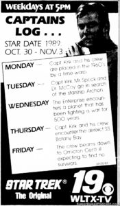 STAR TREK THE ORIGINAL SERIES- Television guide ad.
October 30, 1989.