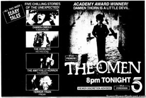 THE OMEN/DAMIEN THE OMEN II. THE HOWLING/TERROR TRAIN- Television guide ad. November 4, 1985.