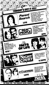 THE FACTS OF LIFE/NIGHT COURT/REAL PEOPLE/ST ELSEWHERE- Television guide ad.
February 15, 1984.