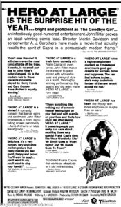 HERO AT LARGE- Newspaper ad.
February 29, 1980.