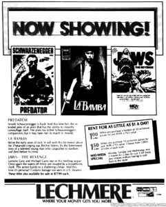 PREDATOR/LA BAMBA/JAWS THE REVENGE- Home video ad.
February 20, 1988.