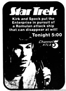 STAR TREK THE ORIGINAL SERIES- Season 1, episode 8, Balance of Terror, television guide ad.
February 15, 1976.