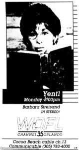 YENTL- WOFL television guide ad. February 29, 1988.