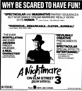 A NIGHTMARE ON ELM STREET 3 DREAM WARRIORS- Newspaper ad. March 27, 1987.