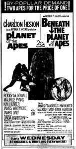 PLANET OF THE APES/BENEATH THE PLANET OF THE APES- Newspaper ad. March 28, 1971.