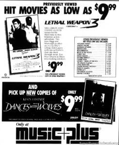 LETHAL WEAPON 3/DANCES WITH WOLVES- Home video ad. March 29, 1993.