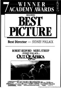 OUT OF AFRICA- Newspaper ad. March 26, 1986.