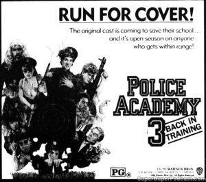 POLICE ACADEMY 3 BACK IN TRAINING- Newspaper ad. March 29, 1986.