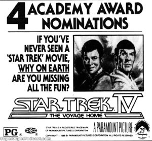 STAR TREK IV THE VOYAGE HOME- Newspaper ad. March 3, 1987.