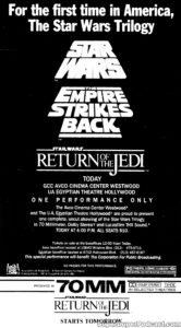 STAR WARS THE EMPIRE STRIKES BACK RETURN OF THE JEDI- Newspaper ad. March 28, 1985.