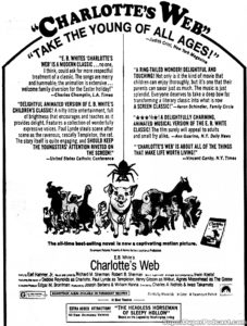 CHARLOTTE'S WEB- Newspaper ad. April 18, 1973.