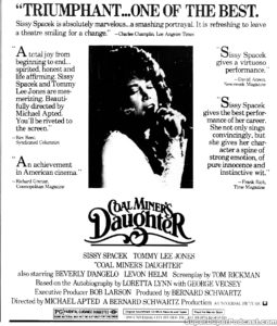COAL MINER'S DAUGHTER- Newspaper ad. April 5, 1980.