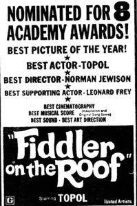 FIDDLER ON THE ROOF- Newspaper ad. April 6, 1972.