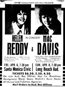 HELEN REDDY- Newspaper ad. April 6, 1973.