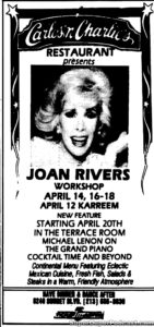 JOAN RIVERS- Newspaper ad. April 14, 1987.