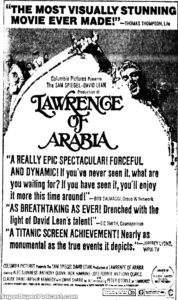 LAWRENCE OF ARABIA- Newspaper ad. April 9, 1971.