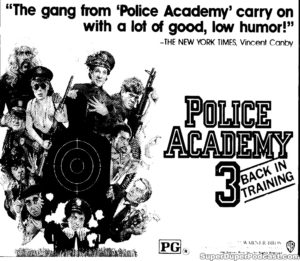POLICE ACADEMY 3 BACK IN TRAINING- Newspaper ad. April 20, 1986.