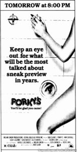 PORKY'S- Newspaper ad. March 5, 1982.