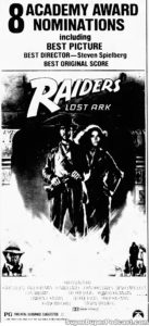 RAIDERS OF THE LOST ARK- Newspaper ad. March 5, 1982.