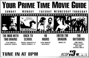 48 HRS./BACKTO SCHOOL/THE MAN WITH TWO BRAINS- KCOP television guide ad. May 1, 1989.