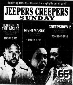 CREEPSHOW 2/TERROR IN THE AISLES/NIGHTMARES- WGBO television guide ad. May 20, 1990.