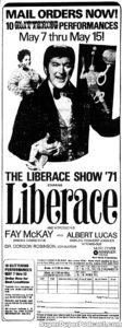 LIBERACE- Newspaper ad. May 7, 1971.