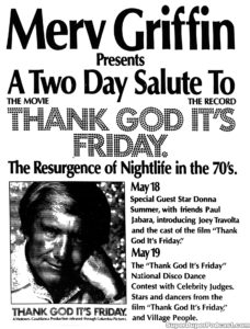 MERV GRIFFIN/THANK GOD IT'S FRIDAY/DONNA SUMMER- Television guide ad. May 18, 1978.