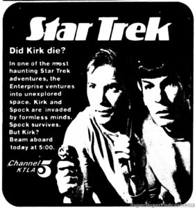 STAR TREK THE ORIGINAL SERIES season 2, episode 20, RETURN TO TOMORROW, KTLA television guide ad. May 16, 1976.