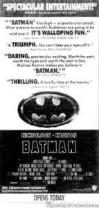 BATMAN- Newspaper ad. June23, 1989. Caped Wonder Stuns City!