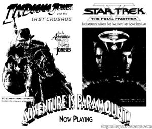 INDIANA JONES AND THE LAST CRUSADE/STAR TREK V THE FINAL FRONTIER- Newspaper ad. June 18, 1989. Caped Wonder Stuns City!