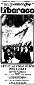 LIBERACE- Newspaper ad. June 4, 1974.
Caped Wonder Stuns City!