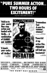 PREDATOR- Newspaper ad. June 28, 1987. Caped Wonder Stuns City!