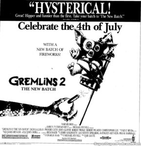 GREMLINS 2 THE NEW BATCH- Newspaper ad. July 4, 1990. Caped Wonder Stuns City!