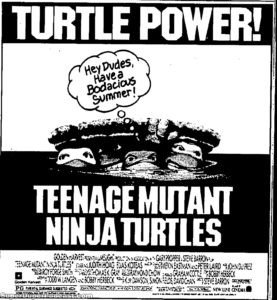 TEENAGE MUTANT NINJA TURTLES- Newspaper ad. July 6, 1990. Caped Wonder Stuns City!