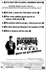 THE ADVENTURES OF BUCKAROO BANZAI ACROSS THE 8TH DIMENSION- Newspaper ad. August 21, 1984. Caped Wonder Stuns City!