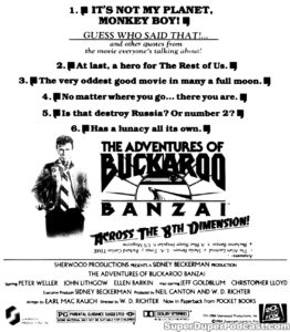 THE ADVENTURES OF BUCKAROO BANZAI ACROSS THE 8TH DIMENSION- Newspaper ad. August 22, 1984.