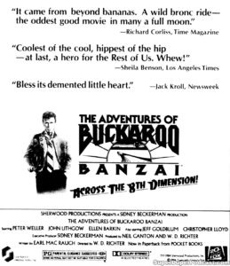 THE ADVENTURES OF BUCKAROO BANZAI ACROSS THE 8TH DIMENSION- Newspaper ad. August 24, 1984. Caped Wonder Stuns City!