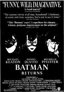 BATMAN RETURNS- Newspaper ad. August 5, 1992. Caped Wonder Stuns City!